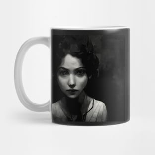 Young female standing in the dark with no emotions Mug